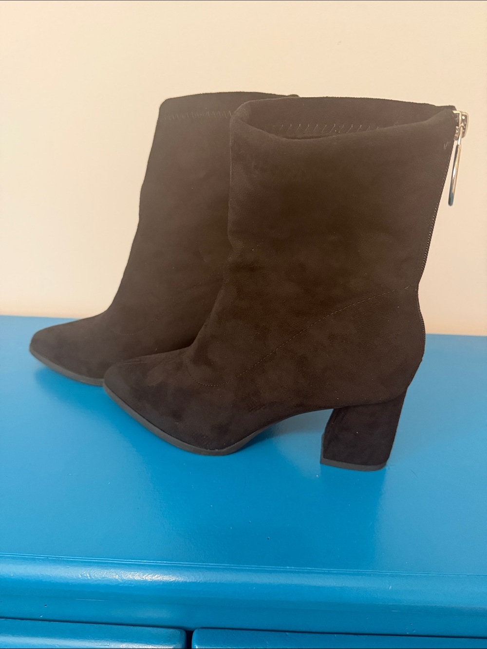 Women's Black Suede Mid-Calf Block Heel Ankle Boots